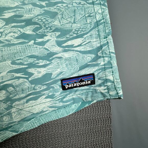 Patagonia Fish Print Swim Trunks Green Blue | Size L | Drawstring Board Shorts - Picture 4 of 7